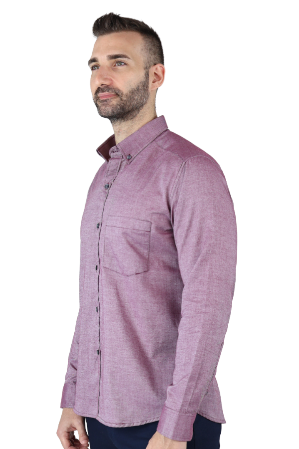 Camisa Cuello Americano Manga Larga Rojo Vino Tela Con Textura Para Hombre